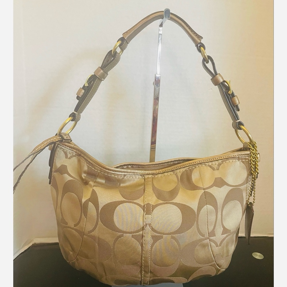Coach Signature Gold Beige Canvas/Leather Shoulder Bag 12675 - Picture 2 of 14
